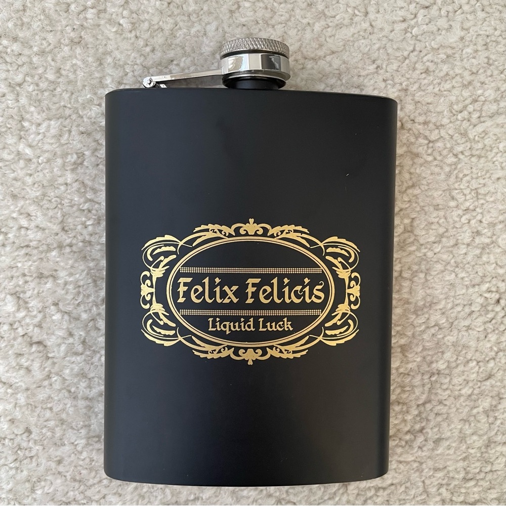 Harry Potter Felix Felicis Black Flask with Gold Design—Stainless Steel 8 oz
